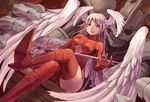 angel_wings bangs boots breasts crossed_legs dual_persona dutch_angle final_fantasy final_fantasy_tactics gloves hatomune6 head_wings high_heel_boots high_heels highleg highleg_leotard holding holding_weapon leotard long_hair looking_at_viewer medium_breasts red_eyes red_footwear red_legwear red_leotard silver_hair sitting size_difference skeleton smile sword thigh_boots thighhighs turtleneck ultima_(fft) underboob underboob_cutout very_long_hair weapon wings 