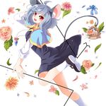  ahoge animal_ears basket blush capelet dowsing_rod flower grey_hair highres jewelry kozakura_(dictionary) looking_at_viewer mouse_ears mouse_tail nazrin open_mouth pendant red_eyes short_hair skirt solo symbol-shaped_pupils tail touhou white_legwear 