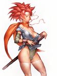  bare_shoulders blue_eyes breasts chrono_trigger crono fumio_(rsqkr) genderswap genderswap_(mtf) headband katana large_breasts red_hair scarf short_hair simple_background solo sword thighhighs thighs weapon white_background white_legwear 