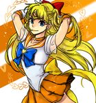  aino_minako arms_up back_bow bishoujo_senshi_sailor_moon blonde_hair blue_eyes bow bread_idiot choker circlet earrings elbow_gloves gloves hair_bow jewelry long_hair orange_choker orange_sailor_collar orange_skirt pleated_skirt red_bow sailor_collar sailor_senshi_uniform sailor_venus simple_background skirt smile solo star star_choker stud_earrings super_sailor_venus venus_love_me_chain white_gloves 