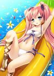  ankle_lace-up armpits arms_up banana_boat bikini blue_eyes cross-laced_footwear error hanao_(kuma-tan_flash!) long_hair looking_at_viewer lying navel open_toe_shoes original parted_lips red_hair revision sandals shiny shiny_skin shoes smile swimsuit twintails 