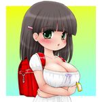  alicepowder backpack bad_id bad_pixiv_id bag black_hair blush breasts cleavage green_eyes hair_ornament large_breasts open_mouth oppai_loli original randoseru solo upper_body 