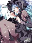  blue_hair bonnet character_name cosplay dress frilled_dress frills headgear highres isolated_island_oni isolated_island_oni_(cosplay) jewelry kantai_collection long_hair murakumo_(kantai_collection) open_mouth orange_eyes pantyhose ring solo super_zombie twitter_username very_long_hair wedding_band 