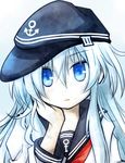  blue_eyes hat hibiki_(kantai_collection) kantai_collection long_hair looking_at_viewer neckerchief open_mouth sanari_(quarter_iceshop) silver_hair solo upper_body 