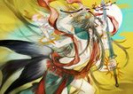  bad_id bad_pixiv_id buddhism cherry_blossoms flower grey_hair jewelry long_hair lotus multiple_arms myouken original roma shirtless smile sword weapon yellow_background yellow_eyes 