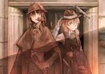  alternate_costume bird blonde_hair brown_eyes brown_hair cape closed_umbrella crow gloves hair_tubes hakurei_reimu hat jacket jacket_removed john_hamish_watson kirisame_marisa long_hair looking_at_viewer multiple_girls necktie norizc parody pillar pipe pipe_in_mouth ribbon sherlock_holmes smile the_adventures_of_sherlock_holmes touhou umbrella vest victorian yellow_eyes 