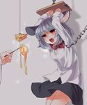  animal_ears arms_up bdsm bondage bound chain cheese collar dress_shirt drooling food grey_hair highres kozakura_(dictionary) mouse_ears mouse_tail nazrin open_mouth red_eyes restrained shirt short_hair skirt solo_focus tail torture touhou 