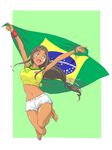  2014_fifa_world_cup anklet arms_up bad_id bad_pixiv_id barefoot blue_eyes brazil brazilian brazilian_flag brown_hair cutoffs dark_skin hairband jewelry jumping midriff navel open_mouth short_shorts shorts smile soccer solo star tank_top world_cup wristband 