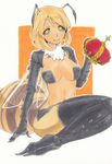  antennae bad_id bad_pixiv_id ballpoint_pen_(medium) bee_girl black_legwear black_sclera blonde_hair breasts cleavage compound_eyes crown crown_removed fur hachi_futoshi hat hat_removed headwear_removed holding holding_hat insect_girl insect_wings knees_touching legs_together medium_breasts midriff monster_girl navel original short_hair simple_background sitting smile solo spikes tareme thighhighs traditional_media white_background wings yellow_eyes 