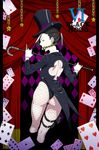  absurdres ass back ball_gag black_hair black_hood blue_eyes bunnysuit cane card club_(shape) dice earrings fishnet_pantyhose fishnets gag gagged gloves gun hat heart highres holster jewelry kamezaemon looking_back multicolored_hair original pantyhose pinky_out playing_card ponytail solo spade_(shape) star thigh_holster top_hat two-tone_hair weapon white_hair 