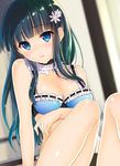  bare_shoulders black_hair blue_bra blue_eyes bra breast_hold breasts choker cleavage flower hair_flower hair_ornament long_hair mahouka_koukou_no_rettousei medium_breasts ribbon-trimmed_bra shiba_miyuki sitting solo underwear yu_yu 