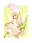  aiji_(lostheaven) bad_id bad_pixiv_id barefoot blonde_hair butterfly_wings chii chobits dress flower green_background long_hair looking_at_viewer outside_border robot_ears signature sleeveless sleeveless_dress smile solo tulip very_long_hair wings yellow_eyes 