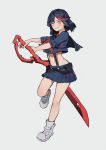  1girl black_hair black_sailor_collar black_shirt black_skirt blue_eyes blush boots full_body grey_background grey_footwear grin highlights holding holding_sword holding_weapon jiayue_wu kill_la_kill leg_up matoi_ryuuko midriff miniskirt multicolored_hair navel neckerchief pleated_skirt red_neckwear sailor_collar school_uniform shirt short_hair simple_background skirt smile solo standing standing_on_one_leg stomach suspender_skirt suspenders sword weapon 