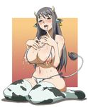  animal_ears animal_print black_hair blush boots breast_press breasts cow_ears cow_girl cow_horns cow_print cum cum_in_mouth cum_on_body cum_on_breasts cum_on_upper_body grey_nails haganemaru_kennosuke horns lactation large_breasts long_hair milk nail_polish navel nipples open_mouth original panties puffy_nipples side-tie_panties solo tail thigh_boots thighhighs underwear 