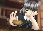  :3 animal_ears blurry bookshelf capelet cookie depth_of_field dutch_angle elbow_rest food foreshortening giving grey_hair head_rest highres jewelry looking_at_viewer mouse_ears nazrin one_eye_closed pendant pov_across_table red_eyes short_hair smile solo table touhou yuuzaa-mei 