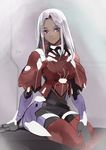  arm_support armor belt blush bodysuit boots breastplate breasts dark_skin elma_(xenoblade_x) gloves hand_on_own_knee kennozi light_smile long_hair looking_at_viewer loose_belt medium_breasts purple_eyes red_footwear red_legwear science_fiction sitting smile solo thigh_boots thighhighs white_hair xenoblade_(series) xenoblade_chronicles_x 