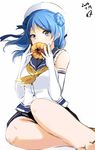  blue_eyes blue_hair covering_mouth doughnut elbow_gloves food gloves hat highres kantai_collection momo_(higanbana_and_girl) sailor_collar sleeves_rolled_up solo urakaze_(kantai_collection) white_gloves white_hat yellow_neckwear 