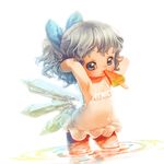 armpits backlighting bare_arms brown_eyes cirno colored_pencil_(medium) food grey_hair hair_bobbles hair_ornament hands_in_hair ice ice_wings mouth_hold popsicle solo souri swimsuit touhou traditional_media water watermelon_bar white_swimsuit wings younger 