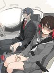  1girl bangs black_eyes black_hair blush can car car_interior collarbone collared_shirt driving formal grey_hair ground_vehicle hair_ornament hair_ribbon himeno_mikoto himuro_hitoshi indesign kaii_shoukougun long_hair motor_vehicle necktie pants red_neckwear red_ribbon ribbon school_uniform seatbelt serafuku shirt short_hair sidelocks skirt steering_wheel sweatdrop thighhighs zettai_ryouiki 