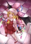  arms_at_sides asymmetrical_hair asymmetrical_wings back-to-back bad_id bad_pixiv_id bat_wings black_legwear blonde_hair blue_hair dress flandre_scarlet floor from_above hat highres looking_at_viewer looking_back mary_janes miniskirt mob_cap multiple_girls outstretched_hand pantyhose pink_dress poini_(king-scarlet-dead) puffy_short_sleeves puffy_sleeves red_dress red_eyes remilia_scarlet shoes short_hair short_sleeves siblings side_ponytail sisters skirt smile tile_floor tiles touhou wings 