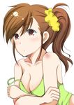  bare_shoulders blush body_blush breasts brown_eyes brown_hair cleavage crossed_arms futami_mami idolmaster idolmaster_(classic) medium_breasts nikukai scrunchie short_hair side_ponytail solo strap_slip tank_top upper_body white_background 