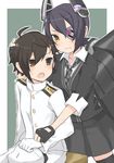  :t ahoge androgynous azuma_kyouta bad_id bad_pixiv_id blush brown_eyes brown_hair eyepatch female_admiral_(kantai_collection) frown gloves kantai_collection little_girl_admiral_(kantai_collection) multiple_girls necktie open_mouth purple_hair reverse_trap scar short_hair skirt sweat tenryuu_(kantai_collection) thighhighs uniform yellow_eyes zettai_ryouiki 