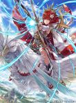  1girl armor arrow bangs bird blue_sky boots bow_(weapon) bridal_gauntlets closed_mouth cloud cloudy_sky commentary_request company_name copyright_name day feather_trim fire_emblem fire_emblem_cipher fire_emblem_if hagiya_kaoru hinoka_(fire_emblem_if) holding holding_bow_(weapon) holding_weapon japanese_armor japanese_clothes knee_boots looking_at_viewer nintendo official_art outdoors red_eyes red_hair short_hair sky weapon 