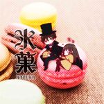  1girl bad_id bad_pixiv_id black_hair cape chibi chitanda_eru closed_eyes cookie detective food hat hat_removed headwear_removed hyouka kimi_ni_matsuwaru_mystery long_hair macaron monocle oreki_houtarou photo_background sagami_gumi short_hair sleeping top_hat 