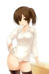  black_legwear blush brown_eyes brown_hair hand_on_hip japanese_clothes kaga_(kantai_collection) kantai_collection panties short_hair side_ponytail smile solo sora_to_umi thighhighs underwear 