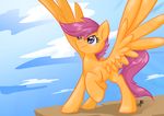  cloud dawnallies equine female friendship_is_magic fur hair mammal my_little_pony orange_fur pegasus purple_eyes purple_hair scootaloo_(mlp) sky smile solo spread_wings wings 