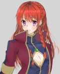  1girl braid breasts cleavage cleavage_cutout earrings eyebrows_visible_through_hair grey_background jacket jewelry long_hair looking_at_viewer medium_breasts re:creators red_hair red_jacket sankee selesia_upitiria shiny shiny_hair simple_background single_braid solo upper_body 