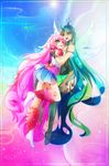  blue_eyes blue_hair clothed clothing crown embrace fluffle_puff friendship_is_magic green_eyes hair hi_res horn hug human humanized koveliana long_hair mammal my_little_pony one_eye_closed outside pink_hair queen_chrysalis_(mlp) tongue tongue_out wings 
