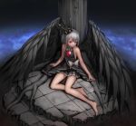  arm_support armpits bangs bare_arms bare_legs bare_shoulders barefoot black_shirt black_skirt black_wings breasts brooch chains closed_mouth cloud collarbone crown egk513 eyebrows eyelashes fantasy feathered_wings female grey_hair grey_neckwear grey_ribbon highres jewelry long_hair looking_at_viewer miniskirt neck_ribbon on_floor original pleated_skirt ponytail red_eyes ribbon roots shirt sidelocks sitting skirt sleeveless sleeveless_shirt small_breasts solo thighs tile_floor tiles tree wings yokozuwari 