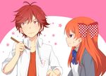  1girl banchii blazer blush bow earrings gekkan_shoujo_nozaki-kun hair_bow jacket jewelry mikoshiba_mikoto orange_hair polka_dot polka_dot_bow purple_eyes red_eyes red_hair rouman_academy_uniform sakura_chiyo school_uniform sweatdrop 