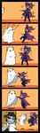  3d_glasses 6koma black-framed_eyewear black_hair cape comic eridan_ampora fangs ghost_costume glasses grey_skin halloween hat highres homestuck horns mihirahira multiple_boys scarf sharp_teeth short_hair silent_comic smile sollux_captor striped striped_scarf teeth wizard_hat yellow_sclera 