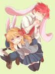  1girl animal_ears bad_hands black_legwear blazer blush bow bunny_ears calligraphy_brush gekkan_shoujo_nozaki-kun hair_bow highres jacket mikanmochi mikoshiba_mikoto orange_hair paintbrush polka_dot polka_dot_bow purple_eyes red_eyes red_hair rouman_academy_uniform sakura_chiyo school_uniform thighhighs zettai_ryouiki 