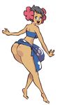  ass bandeau bare_shoulders barefoot bikini blue_eyes blue_sarong breasts dark_skin elite_four flower from_behind fuyou_(pokemon) hair_flower hair_ornament inkerton-kun medium_breasts midriff pokemon pokemon_(game) pokemon_oras print_sarong sarong sarong_pulled_up short_hair smile solo strapless swimsuit thighs thong_bikini 