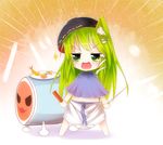  animal_ears bikuseno bowl chibi disembodied_head drumsticks food frog frog_hair_ornament green_eyes green_hair hair_ornament holding_needle instrument kemonomimi_mode kochiya_sanae long_hair needle open_mouth plate plectrum smile snake snake_hair_ornament solo taiko_drum taiko_no_tatsujin tempura touhou wardrobe_error wolf_ears yellow_background 