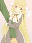  381k blonde_hair brown_eyes chii chobits hug long_hair motosuwa_hideki smile solo_focus translated very_long_hair 