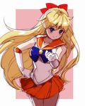  aino_minako bishoujo_senshi_sailor_moon blonde_hair blue_eyes bow choker collarbone earrings elbow_gloves gloves hair_bow half_updo hand_on_hip jewelry long_hair looking_at_viewer magical_girl mayo_(becky2006) orange_choker orange_sailor_collar orange_skirt outstretched_hand pink_background red_bow sailor_collar sailor_senshi_uniform sailor_venus short_sleeves sketch skirt solo tiara two-tone_background very_long_hair white_background white_gloves 