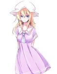  arms_behind_back ascot blonde_hair blue_eyes dress hat long_hair looking_at_viewer maribel_hearn purple_dress shiroshi_(denpa_eshidan) smile solo touhou 