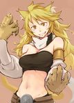  akame_ga_kill! animal_ears bandeau bare_shoulders blonde_hair breasts detached_sleeves fang grin highres ipponshimeji large_breasts leone long_hair midriff navel paws scarf simple_background smile solo strapless tail teeth yellow_eyes 