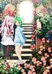  arms_behind_back blurry borrowed_character depth_of_field flower green_eyes green_hair hair_ribbon headphones long_hair looking_at_viewer multiple_girls original pantyhose pleated_skirt purple_eyes purple_hair ribbon rose rugo short_hair shorts skirt smile 