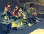  2girls bed bike_shorts black_eyes black_hair brown_eyes chips closed_eyes eating enomoto_takane food frown hair_ornament hairclip interior kagerou_project kisaragi_shintarou kneeling kokonose_haruka mole mole_under_eye multiple_boys multiple_girls nuriko-kun pocky potato_chips red_scarf room scarf school_uniform short_hair shorts shorts_under_skirt sitting skirt smile sparkle sweat sweater tateyama_ayano television twintails video_game 