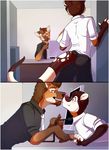  anthro ben bulge butt canine clothed clothing comic desk eskimo_kiss fox fur hair male mammal nose_bump office roanoak seduction tight_clothing wolf 