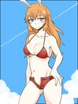  animal_ears bikini_top blush breasts bunny_ears charlotte_e_yeager cleavage day large_breasts long_hair looking_at_viewer midriff navel open_fly orange_hair pale_skin ponke short_shorts shorts sky smirk solo strap_gap strike_witches thighs unzipped world_witches_series 