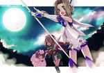  blue_eyes brown_gloves brown_hair elbow_gloves full_moon gloves green_eyes hairband hat holding moon multiple_girls open_mouth pixiv_fantasia pixiv_fantasia_2 rugo short_hair staff sword weapon white_gloves 