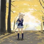  anthro autumn bag blonde_hair brown_eyes brown_fur cat clothing feline female fur hair jacket kikurage long_hair looking_at_viewer looking_atviewer mammal ribbons road school_uniform shirt shoes skirt socks solo tree 