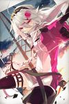  ahoge blurry braid depth_of_field goggles goggles_on_head hair_ornament ia_(vocaloid) kazutake_hazano long_hair pink_eyes pointing pointing_at_viewer silver_hair solo twin_braids vocaloid wrench 
