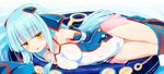  bare_legs bare_shoulders blue_hair blush breasts covered_nipples detached_sleeves gen_3_pokemon hair_ornament highres homura_subaru innertube kyogre long_hair looking_at_viewer lying medium_breasts one-piece_swimsuit open_mouth personification pokemon smile solo swimsuit yellow_eyes 
